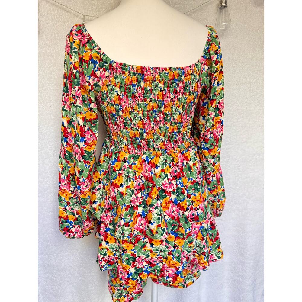 Hailey & Co Colorful Floral Long Sleeve Tiered Romper Mini Dress Women's Small - Picture 7 of 11